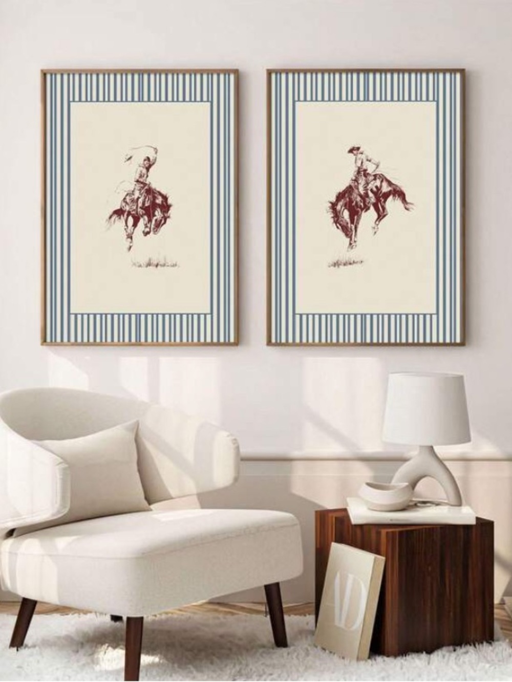 Anthropologie Western Cowboy Vintage Art Prints Blue Stripes 20x28 Canvas Paper